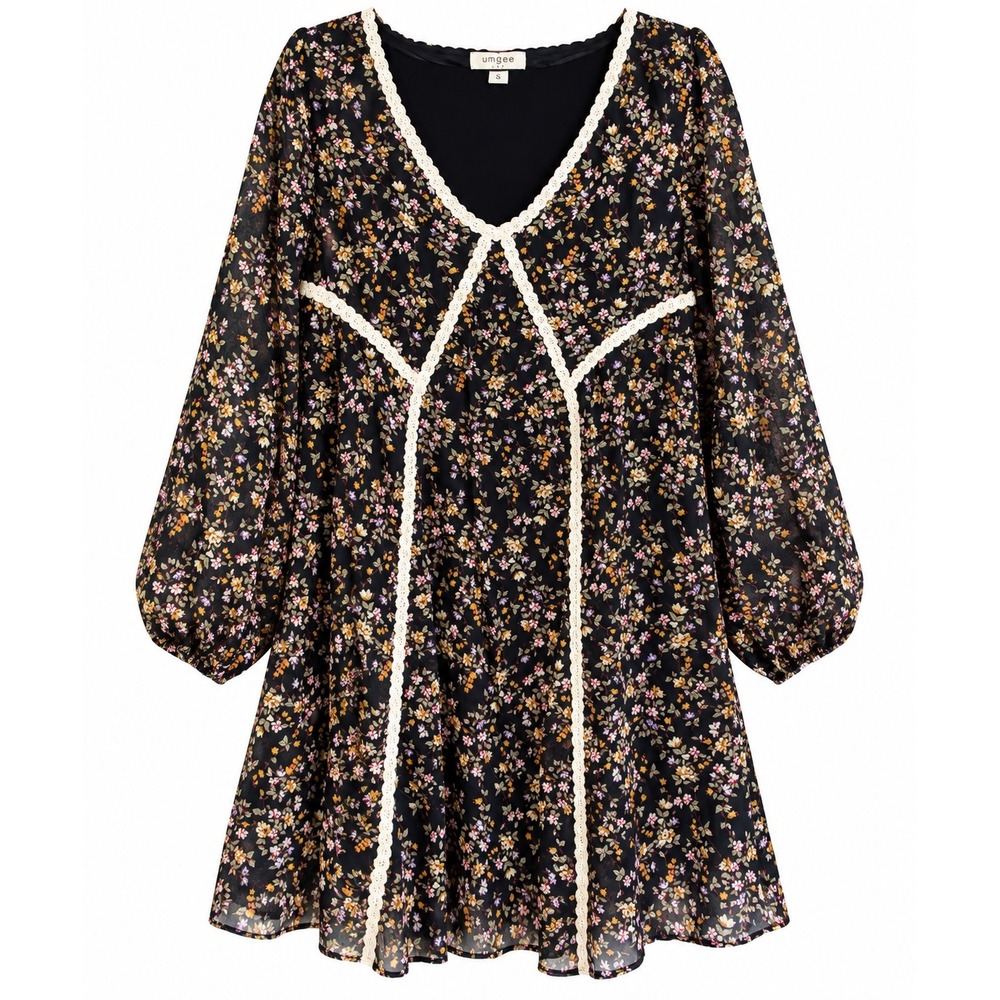 Umgee Floral Chiffon Dress Medium Boho Cottagecore Lace Shift Prairie